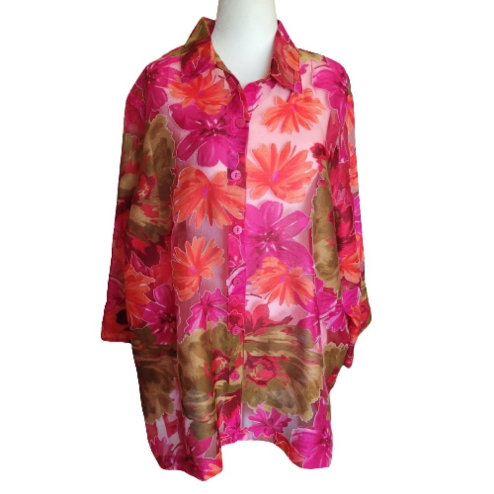 Bamboo Traders 3/4 Sleeve Semi-sheer Bright Vibrant Colorful Floral Blouse